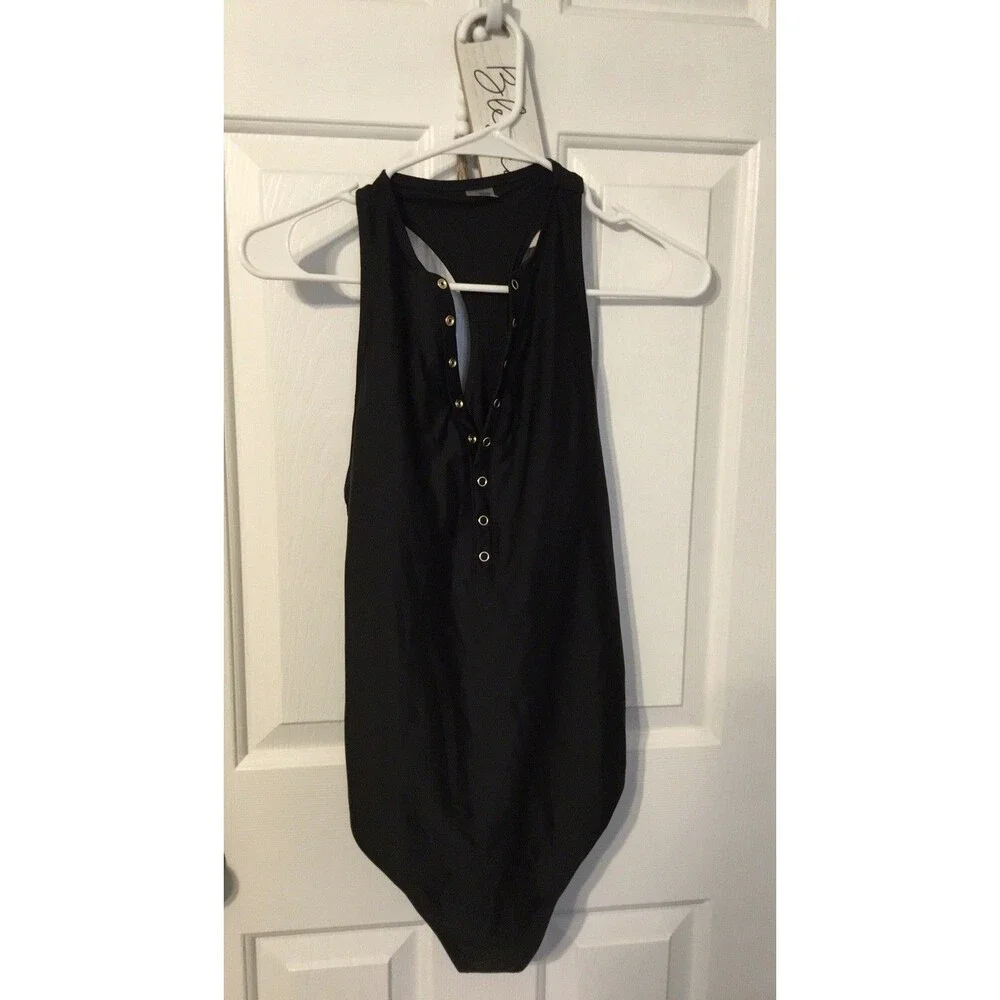 Old Navy Black Ribbed Halter One-Piece Swimsuit with Grommet Placket
